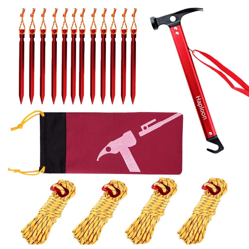 Haploon 12 Pack Tent Stake and Hammer, Camping Accessories Kit Aluminum Tent Mallet Stake Hammer with 7 Inch Metal Tent Pegs, Nylon Guyline Rope 4x13ft with Cord Adjuster and Canvas Storage Bag - Image 1